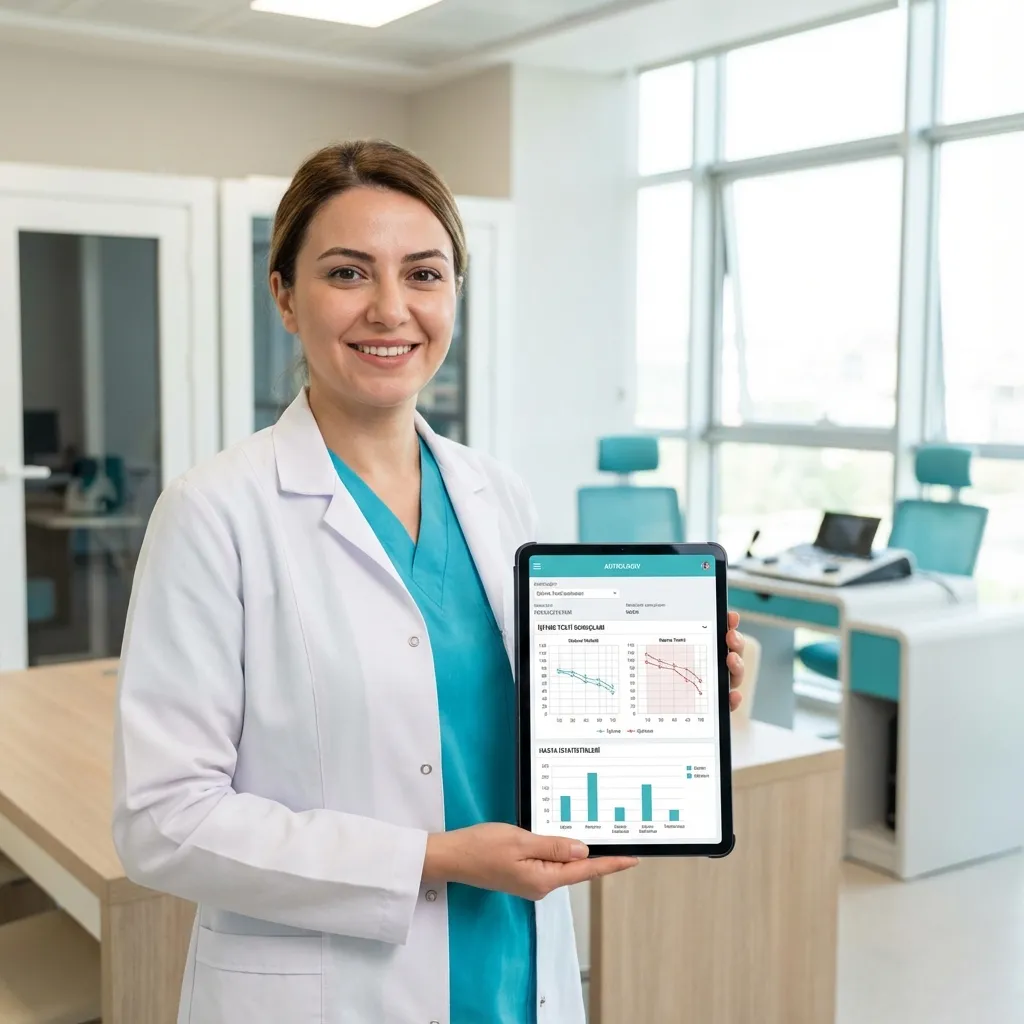 Audiologist reviewing clinical reports on a tablet